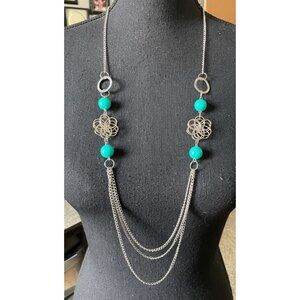 Silver Chain Necklace With Turquoise Beads & Floral Accents Adjustable Lobster